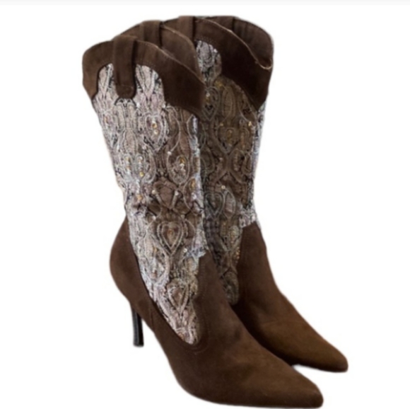 🌹 Rogue Mid Calf High Heel Suede Cowboy Boots - Picture 1 of 1